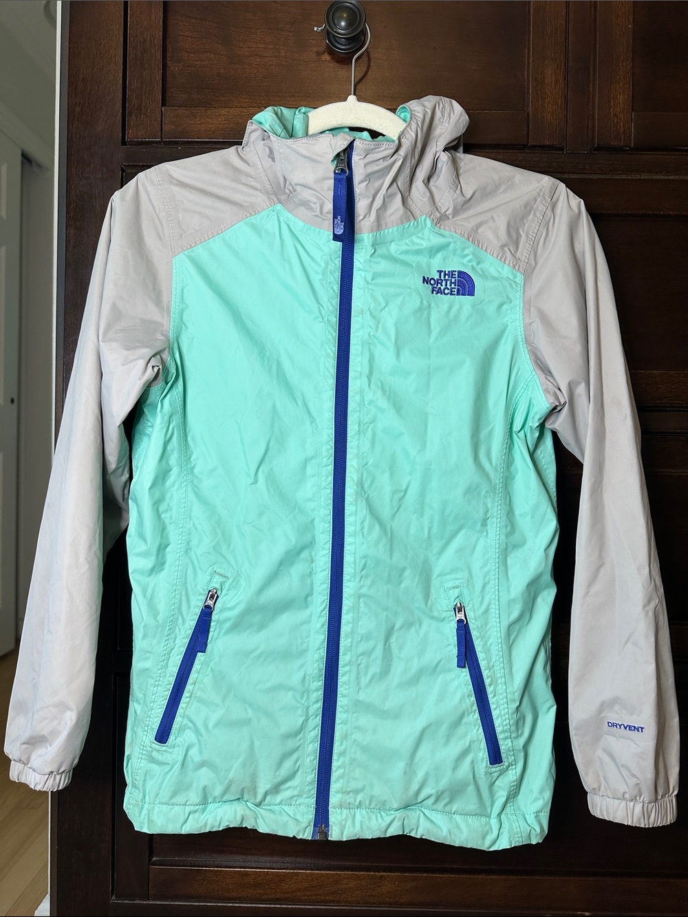 The North Face Mint Green & Light Gray Hooded Kids Rain Jacket
